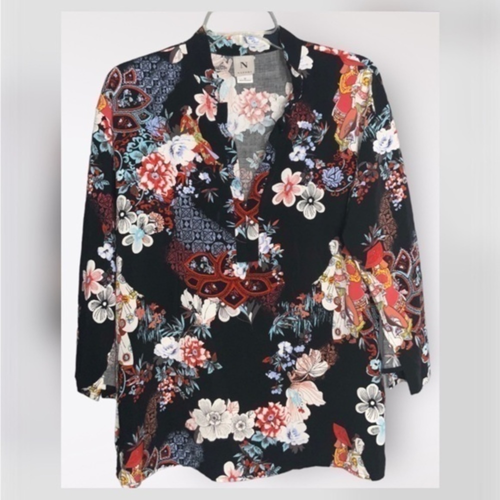 Natori Black Multicolor Oriental & Floral V-Neck 3/4 Sleeves Lightweight Tunic M